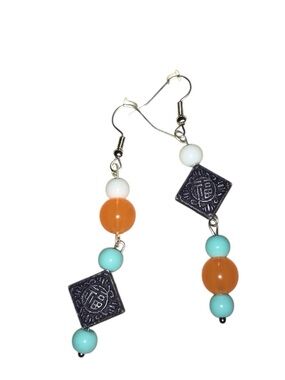 Handcrafted Beaded Drop Earrings in Orange, Turquoise & White
